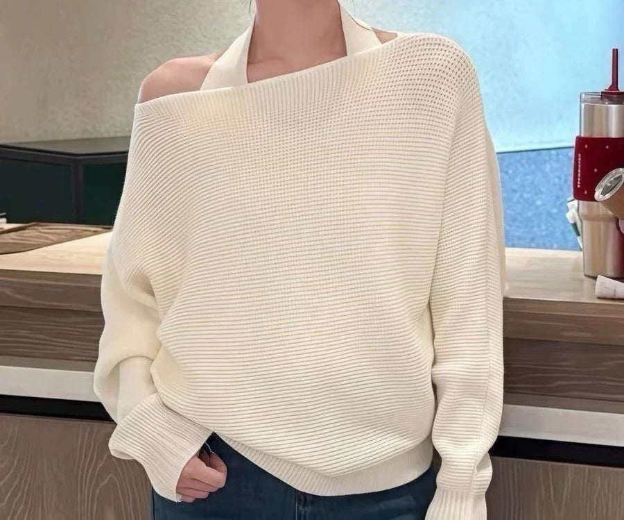 Gentle and Unique Temperament, One Shoulder Design, Autumn Hanging Neck Vest, Loose and Versatile Sweater for Women