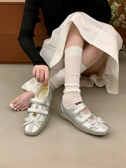 Sweet Pink Bow Ballet Flats Women Fashion Double Narrow Band Design Brand Mary Jane Shoes Comfort Round Toe Shallow Casual Shoes