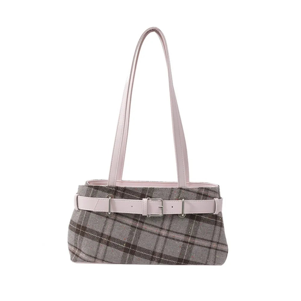 Fashion Handbag Boho Shoulder Bag Bell Pendant Lightweight Tote Bag Plaid Underarm Bag Women
