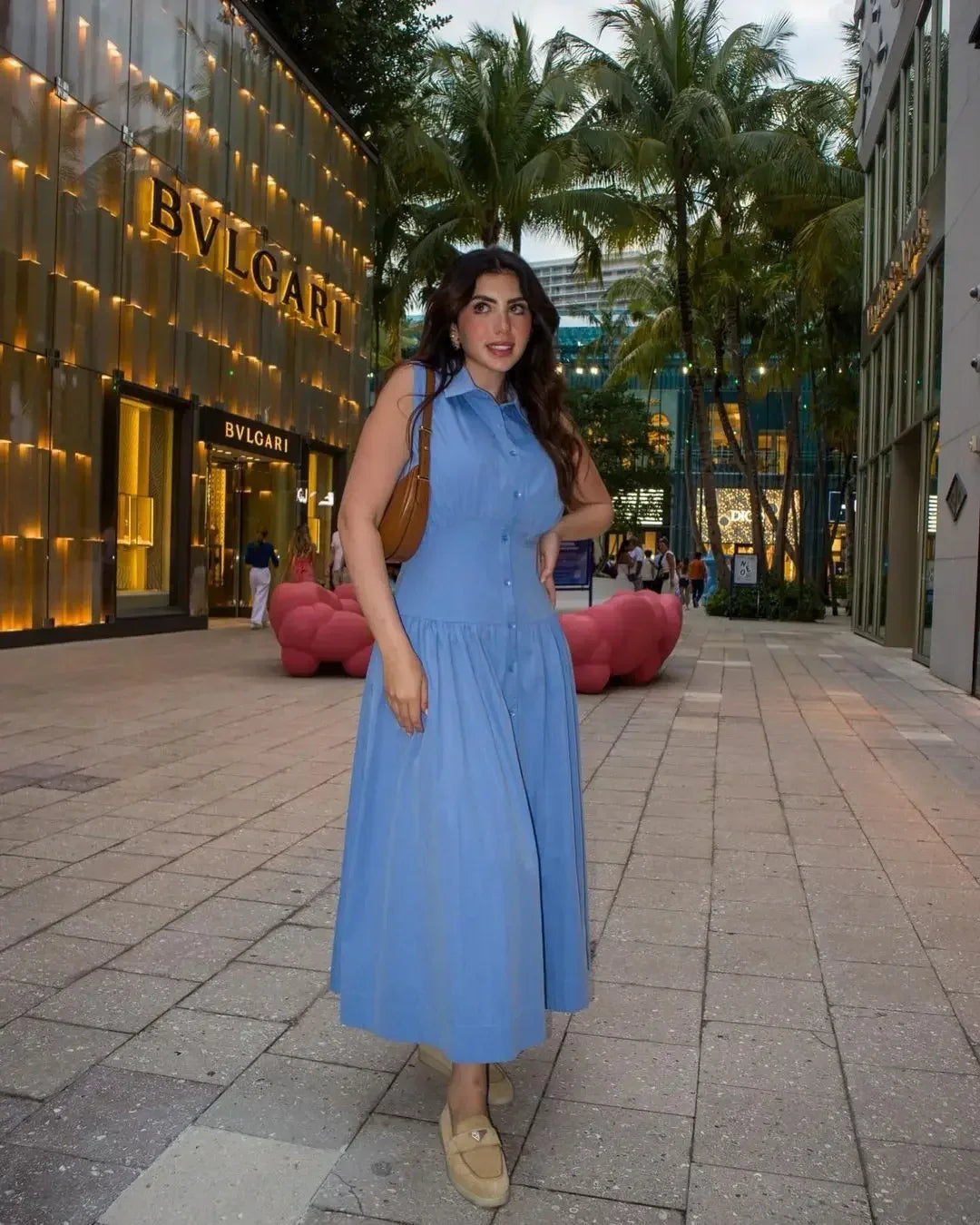 Casual Sleeveless Slim Women Long Dresses Fashion Bule Lapel Single Breasted Patchwork Pleated Dress Summer Lady Street Robes