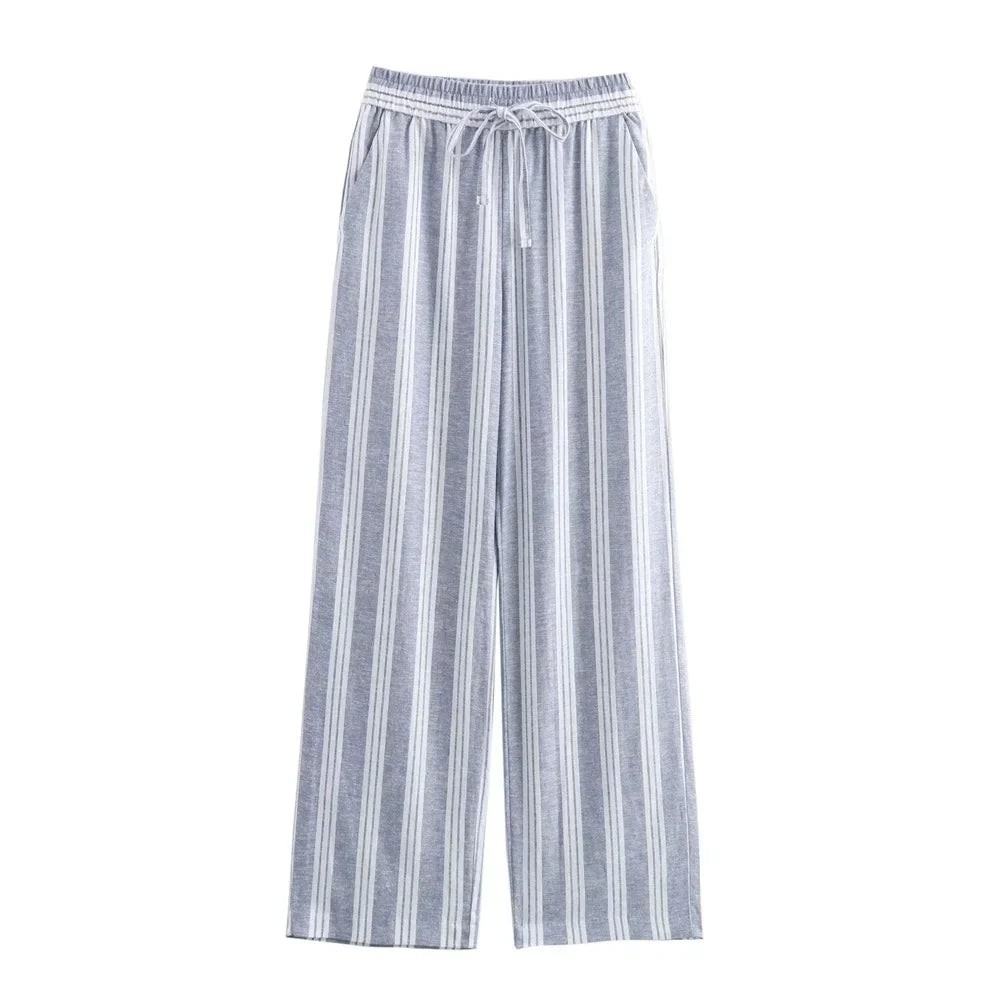 New Women's Fashion and Casual Versatile High Waist Lace Up Straight Slender Striped Pants