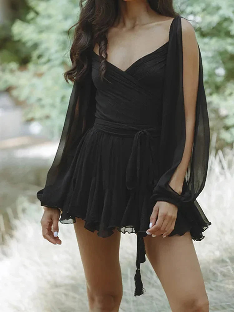 Solid Bow Lace Up Deep V Neck Pleated Dress Women Sexy Hollow Out Backless Mini Dresses Summer Lady Holiday Party Club Vestidos