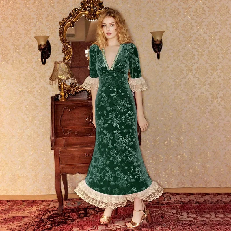 Lace Print Long Dress Women's Elegant V Neck Luxury Party Evening Gown High Waist Vintage Y2k Patchwork Dress Robe