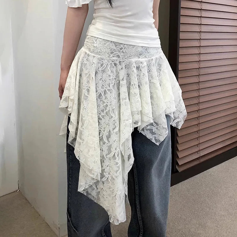 Holiday Solid Color Lace Ruffled Skirt For Women Sexy Low Waist Irregular Mini Skirt Splice Hot Girl Clubs Party Skirt