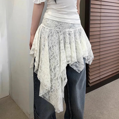 Holiday Solid Color Lace Ruffled Skirt For Women Sexy Low Waist Irregular Mini Skirt Splice Hot Girl Clubs Party Skirt