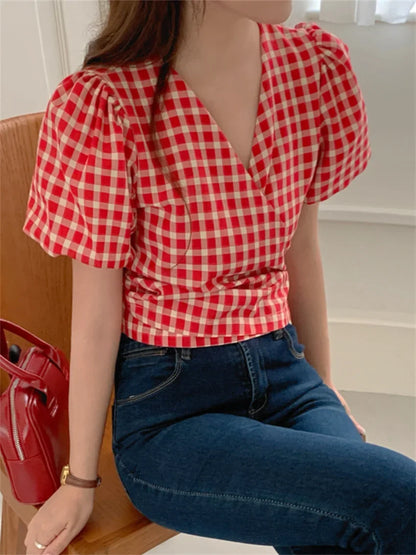 High Sweet Shirts Plaid Women Sweet V-Neck Slim New Casual Summer Short Puff Sleeve Office Lady Chic Daily