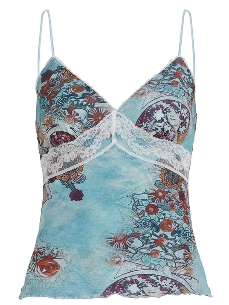 New Summer Women's Cami Sexy Floral Printed V Neck Lace Splicing Tank Slim Fit Casual Beach Holiday Sleeveless Top