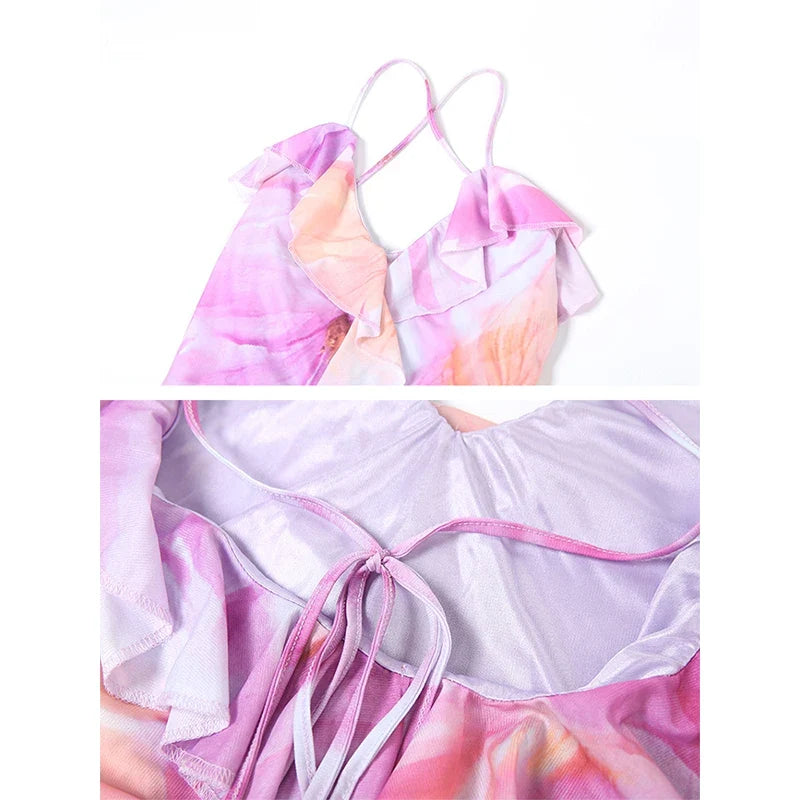 Floral Print Ruffle Backless Split Long Dress Summer Resort Wear Sexy Elegant Dresses For Women Wedding Party Outfits