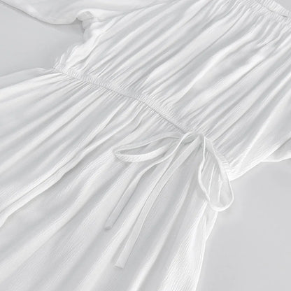 White Textured Mini Dresses Women New Scoop Neck Long Sleeve Lace-up A-line Vestidos Summer Beach Holiday Casual Cover-up