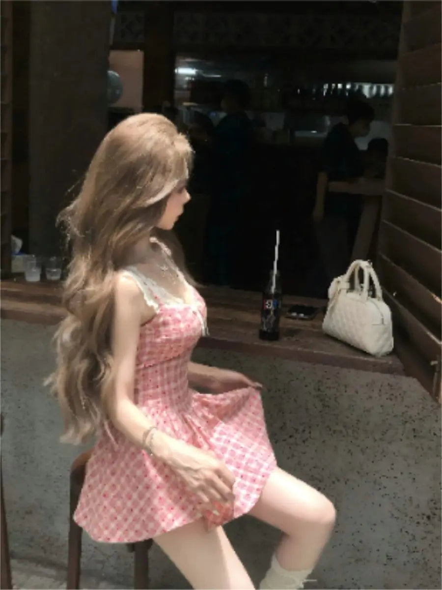 WomenS Pink Plaid Lace Trim Slip Dress Spaghetti Strap Bow Detail Flared Mini Dress Sweet Casual Sundress