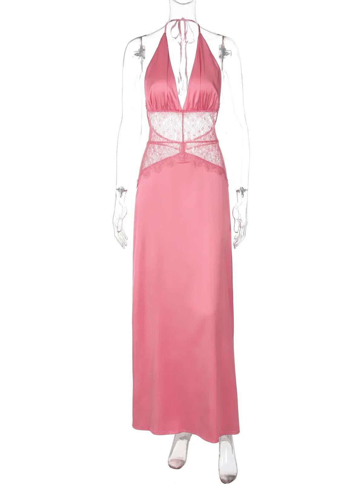 Lace Patchwork Vacation Beach Dresses for Women Summer Sexy Halter Neck Backless Long Maxi Pink Birthday Party Prom Dress