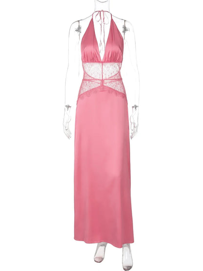 Lace Patchwork Vacation Beach Dresses for Women Summer Sexy Halter Neck Backless Long Maxi Pink Birthday Party Prom Dress