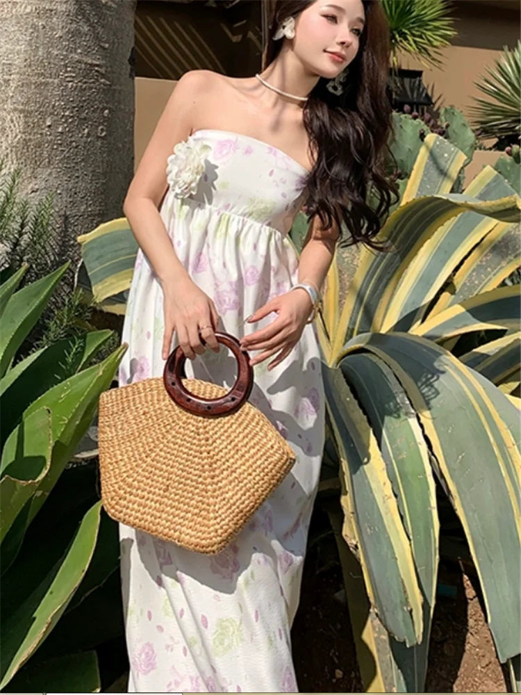 New Summer Holiday Beach Fashion Flower Dress Strapless Women Slash Neck Long Dress Floral Print Sleeveless Resort Seaside Dress