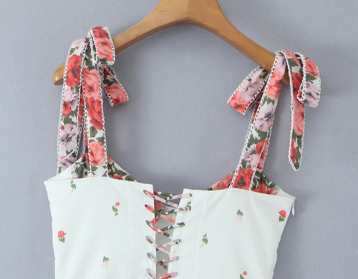 Flower Print Patchwork White Sling Elegant Dress Women Lace Up Bandage Back A-line Summer Dresses Chic Lady Holiday Robe 2025