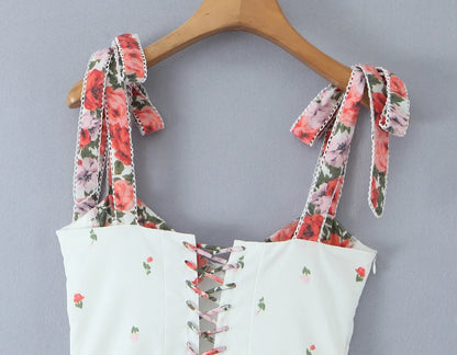 Flower Print Patchwork White Sling Elegant Dress Women Lace Up Bandage Back A-line Summer Dresses Chic Lady Holiday Robe 2025