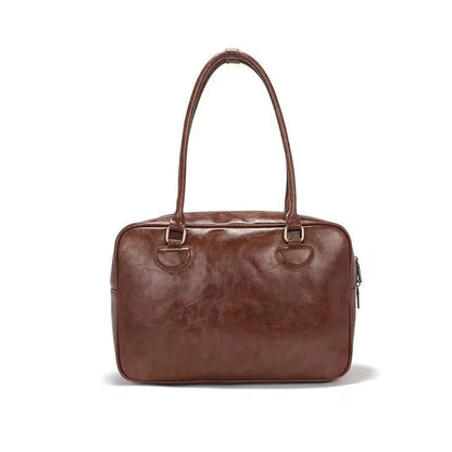 Japanese Retro Brown Tote Bag Women Ladies Waxed Leather Large Capacity Handbag Ladies Preppy Style Commuter Simple Shoulder Bag