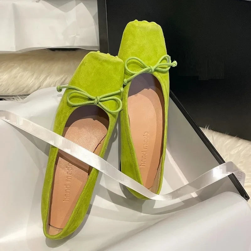 Spring Simple Shoes Woman Square Toe Ballet Flats Real Leather Sheepsuede Elegant Women Flats Basic Style Shoes For Women