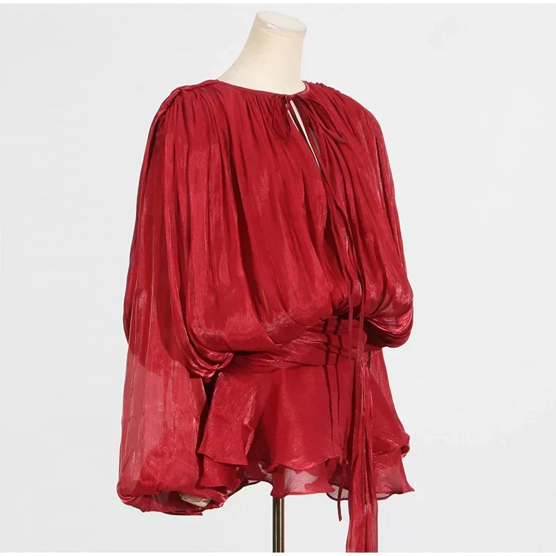 Keyhole Tie Neck Pleated Bishop Sleeve Tiered Ruffle Skirt Set