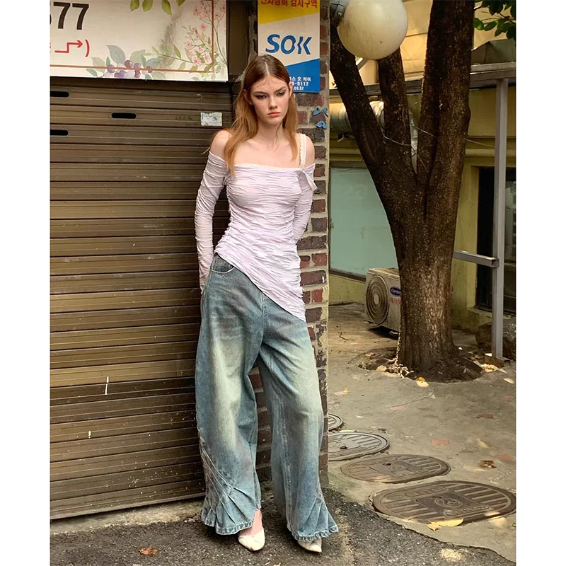 Autumn Loose Simple All-match Wide Leg Pants Women Street Personality Design Y2K Jeans Popular Fashion New Jeans for Women