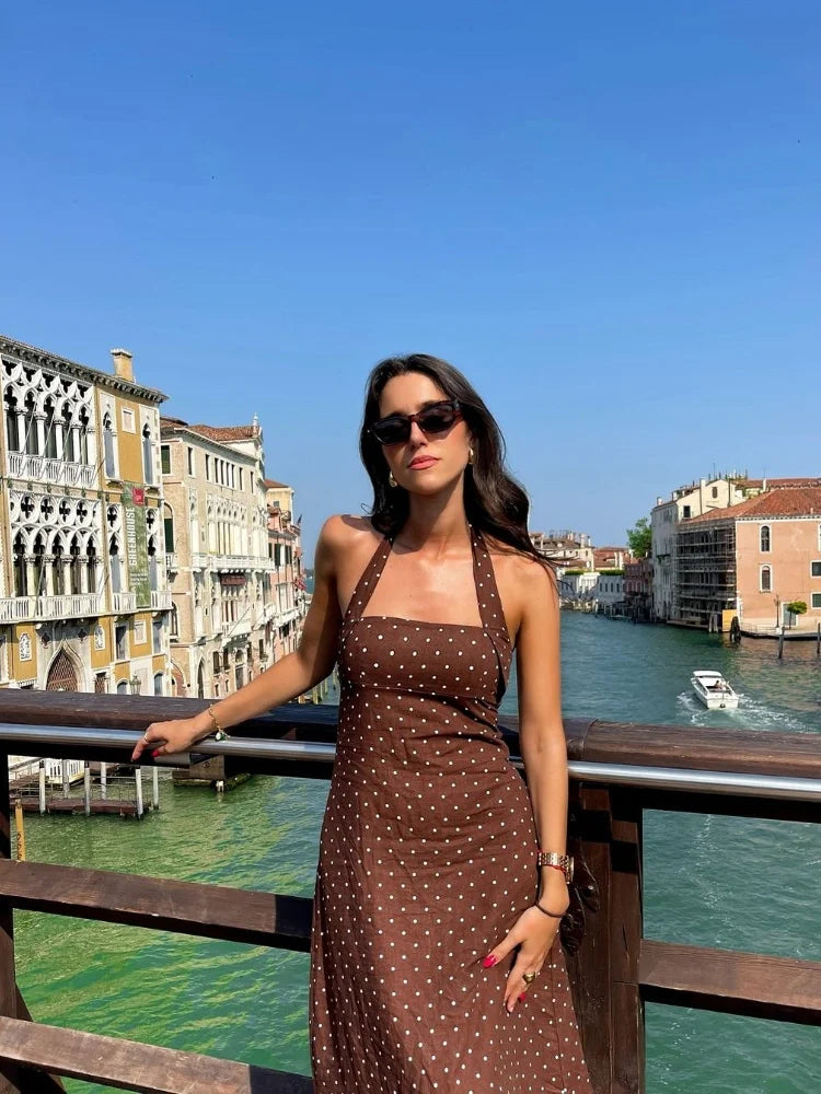 summer new women's fashion elegant temperament backless halter neck polka dot slim long skirt