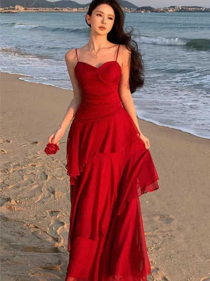 Women Elegant Red Ruffles Waist Cinching Dress Sexy Strap Backless A-Line Long Robe Summer New Style Holiday Evening Dresses