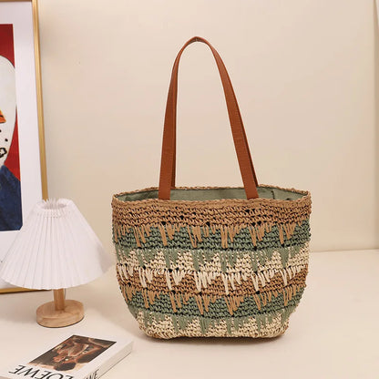 New One Shoulder Grass Woven Bag Contrast Color Handmade Large Capacity Beach Vacation Leisure Summer Women's Bag