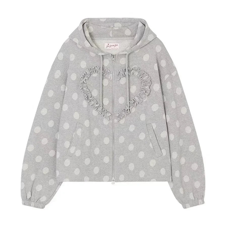 Spring 2025 New Korean Heart Shaped Ruffle Dot Printed Zipper Hoodie y2k Retro High end Design Loose Sweet Long Sleeve Jacket