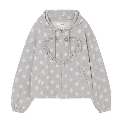 Spring 2025 New Korean Heart Shaped Ruffle Dot Printed Zipper Hoodie y2k Retro High end Design Loose Sweet Long Sleeve Jacket