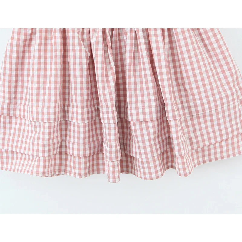 Casual Short Plaid Dresses For Women Vintage Puff Sleeve V Neck A-line Mini Vacation Dress 2026 Summer Robe