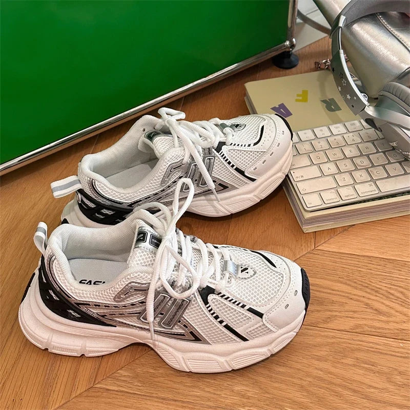High Quality Casual Sneakers Women Breathable Mesh Mixed Colors Striped Design Thick Sole Platform Ladies Shoes