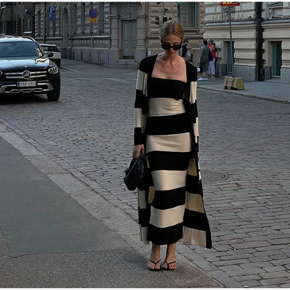 Elegant Striped Knit Cardigan Dress Women Outfit Long Sleeve Button Jacket Tube Sleeveless Dresses Spring Autumn Lady Set