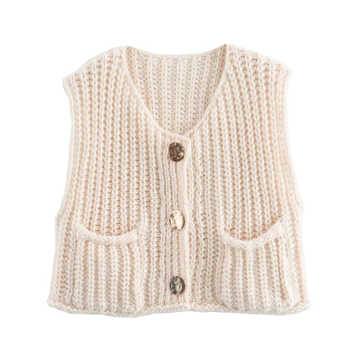 Fashion Sleeveless Knitted Cardigan Vests For Women Autumn New Short Sweater Button With Pockets Solid Color Knitted Top