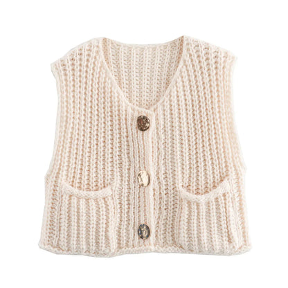 Fashion Sleeveless Knitted Cardigan Vests For Women Autumn New Short Sweater Button With Pockets Solid Color Knitted Top