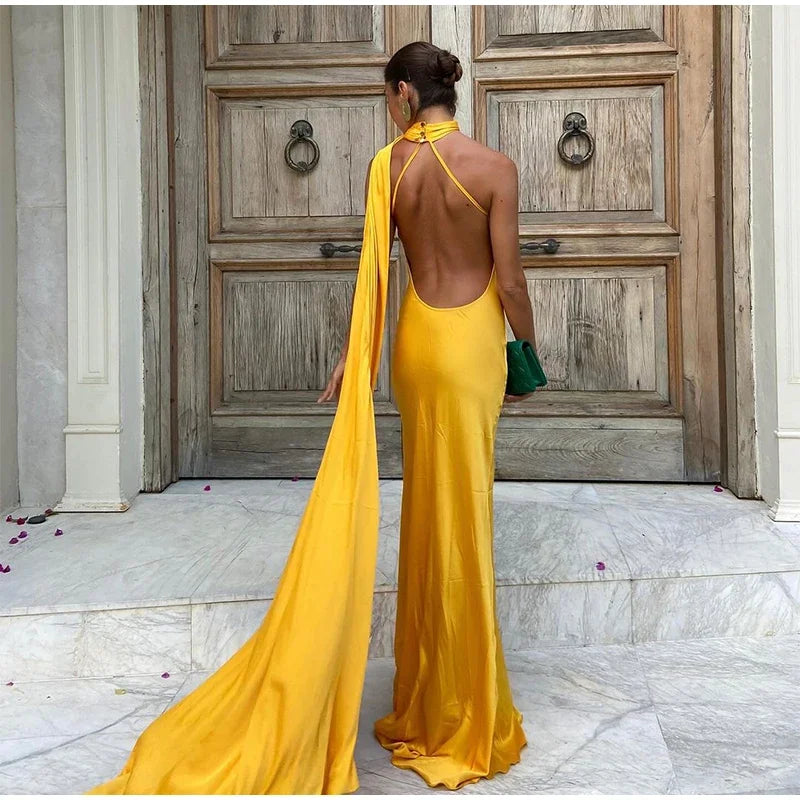 Halter Deep Scoop Back Cape Train Satin Maxi Gown