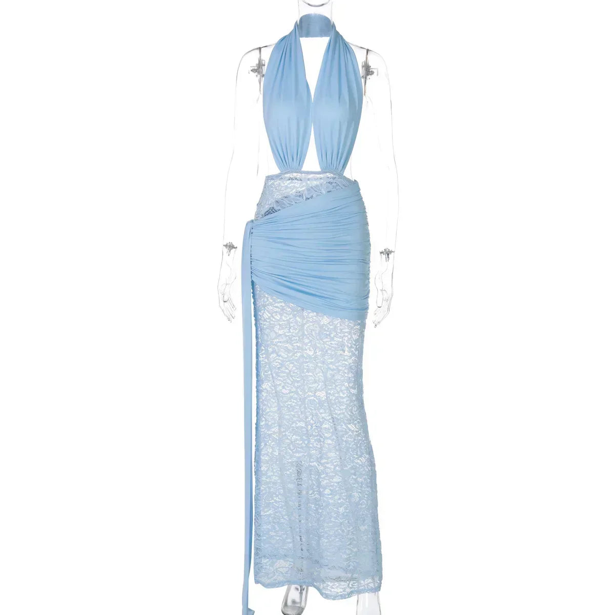 Halter Plunge V-Neck Ruched Sash Lace Skirt Maxi Gown