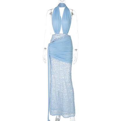 Halter Plunge V-Neck Ruched Sash Lace Skirt Maxi Gown