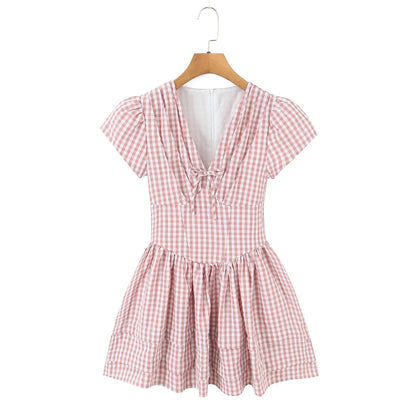 Casual Short Plaid Dresses For Women Vintage Puff Sleeve V Neck A-line Mini Vacation Dress 2026 Summer Robe