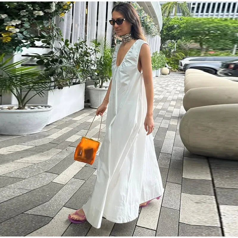 Elegant V-neck Long Dress Women Loose White Sleeveless Backless A-line Beach Dresses 2025 Summer Lady Casual Solid Chic Robes