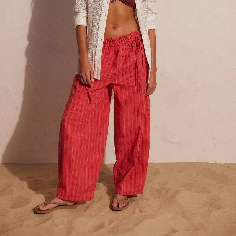 Women Drawstring Striped Wide Leg Pants Summer Causal Barrel Loose Elastic Low Waist Palazzo Harem Pants Trousers