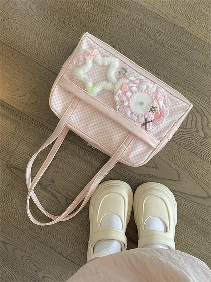 Sweet Girl Japanese Original Pink Plaid Small Capacity Transparent Pain Bag Baby Bag Two-dimensional Student Shoulder Bags