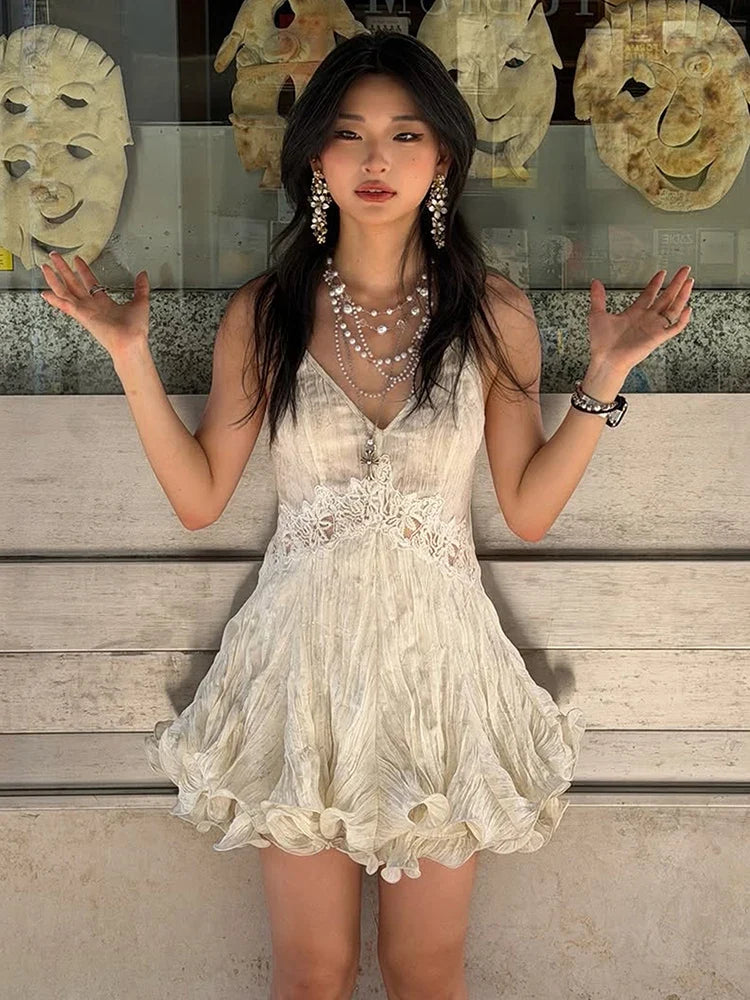 Woman Lace Patchwork Sling Dress Low-Neck Cross Bandage Backless Puffy Hem Sweet Girls Birthday Party Elegant Bodycon
