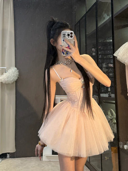 Sweet Mini Dress Women Birthday Party Mesh Patchwork Spaghetti Strap Dresses Summer Y2K Korean Fashion Bodycon Design Vestidos
