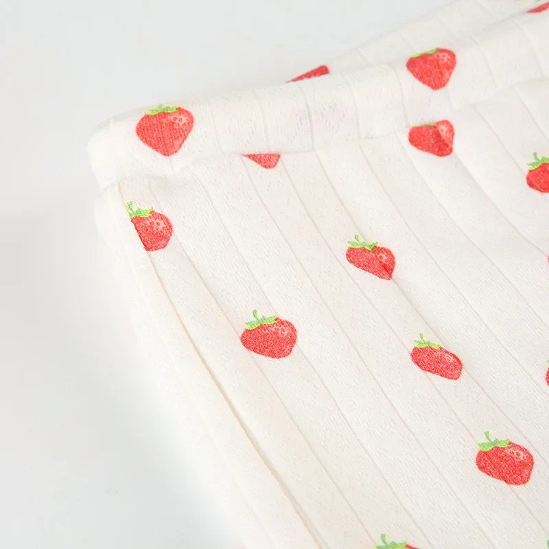 Strawberry Print Eyelet Two-piece Set Women Summer Sleeveless Slim Camis+Drawstring Pants Sets Home Cozy Sweet Casual Pajamas