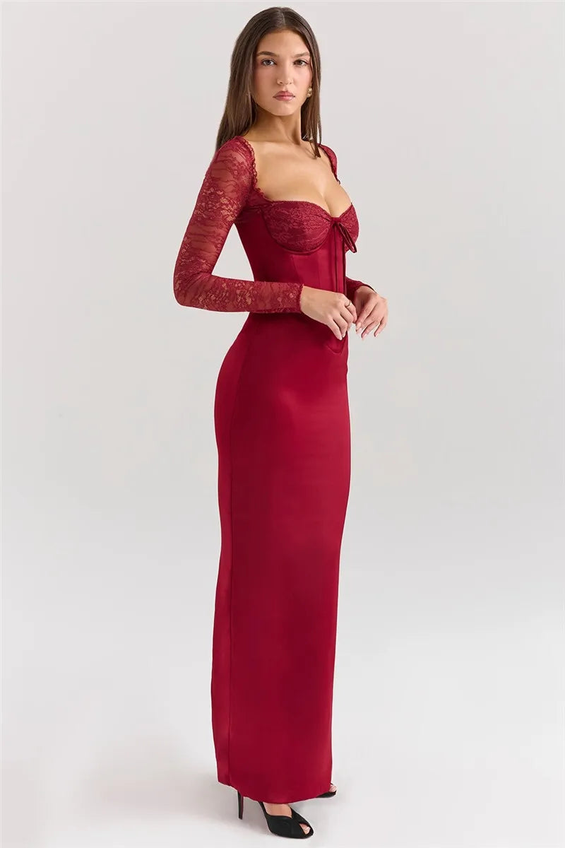 Square Neck Lace-Up Backless Long Sleeve Maxi Dress