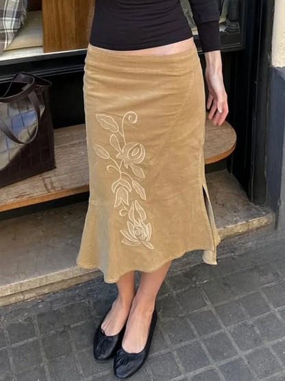 Women's Vintage Midi Skirt 2026 Summer High Waist Slim Ruffle Fishtail Skirts Party Side Slit Elegant Embroidery Skirt