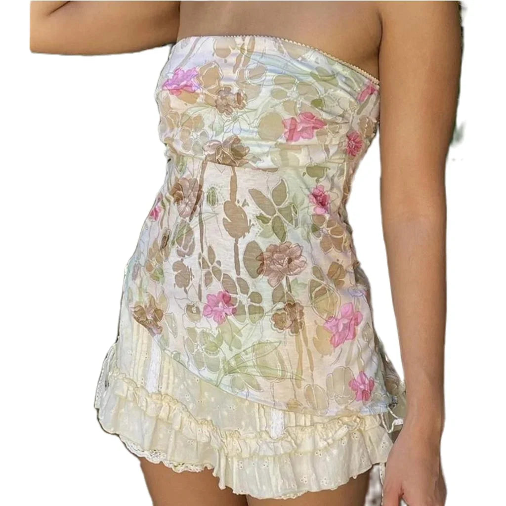 Women's Y2K Aesthetic Tube Tops Strapless Backless Vest Flower Print Summer Ladies Clubwear Slim Camisoles for Party