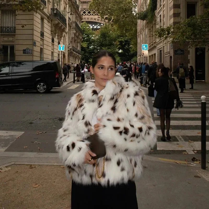 Dot Leopard Contrast Stand Collar Faux Fur Coat Women Warm Commute Long Sleeve Fluffy Plush Jacket Autumn High Street Outerwear