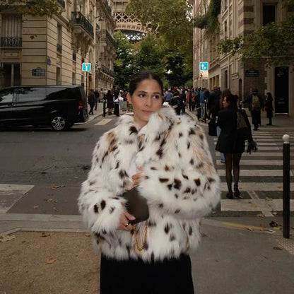 Dot Leopard Contrast Stand Collar Faux Fur Coat Women Warm Commute Long Sleeve Fluffy Plush Jacket Autumn High Street Outerwear