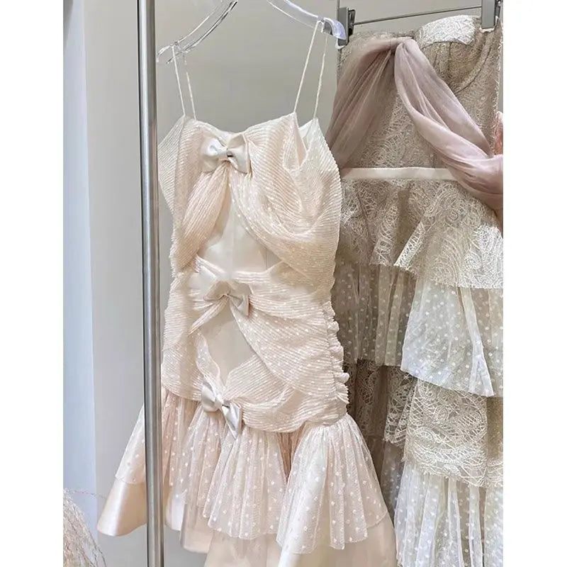 French Gentle Style Bow Mini Strap Camisole Dress for Women High-end Luxury Mesh Sweet Pink Splicing Banquet Evening Dresses