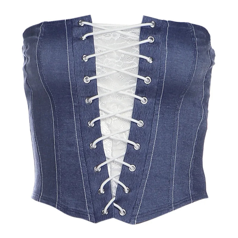 Autumn new women's fashion lace sexy fashion cross strap design Slim denim small vest